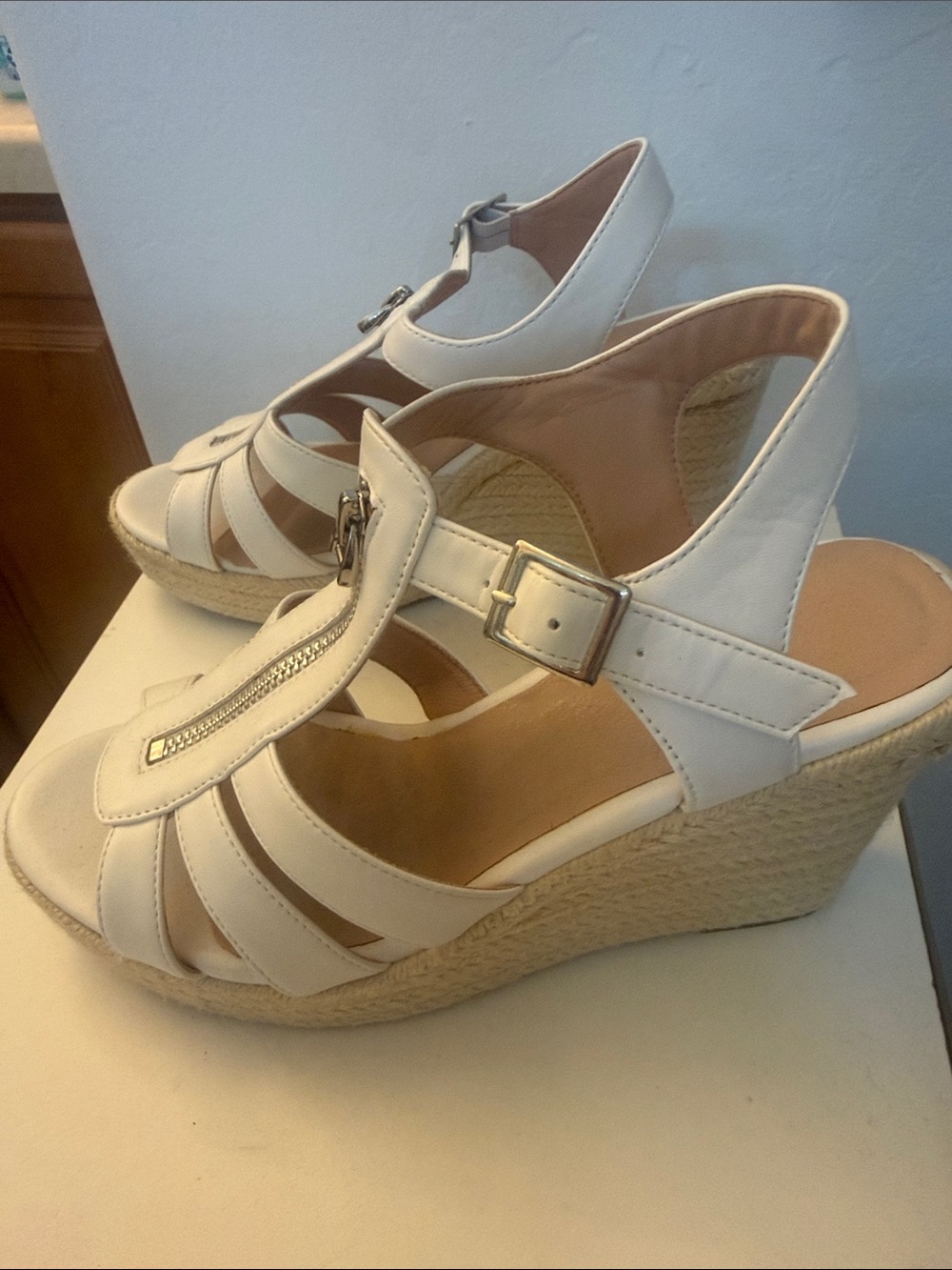 White Women's Espadrille Wedge Sandals with Ankle Strap